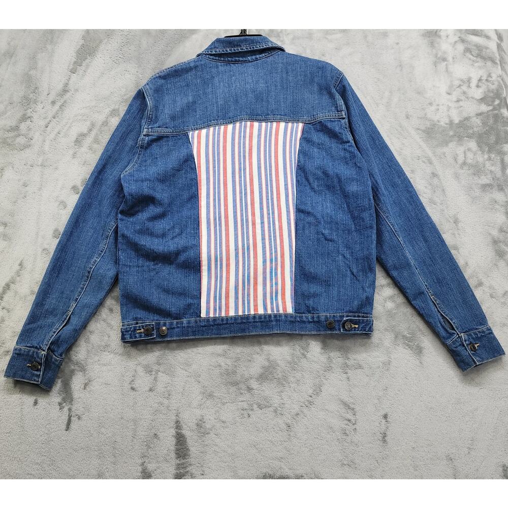 American‎ Rhino Jean Jacket Womens L Blue Denim Striped Back Panel Patriotic USA